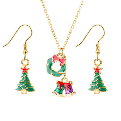 Green Enamel & Goldtone Bell Pendant Necklace & Earrings