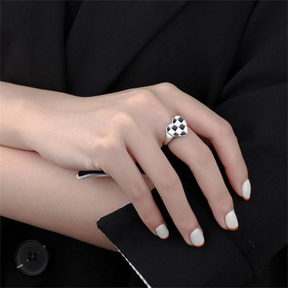 Black Enamel & Silvertone Checkerboard Heart Open Ring