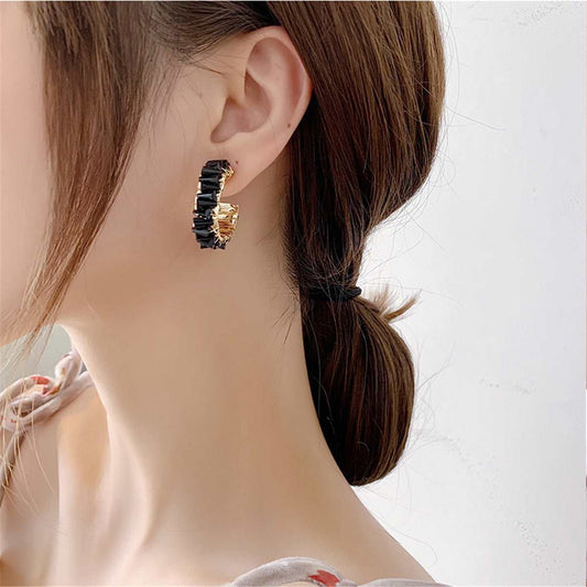 Black Crystal & Goldtone C-Shape Stud Earrings