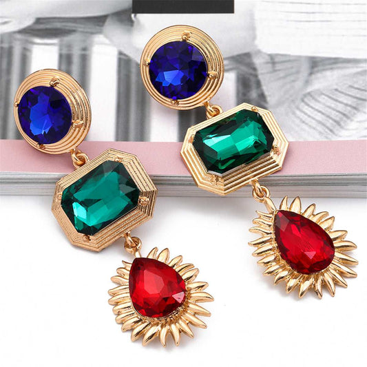 Green Crystal & Goldtone Patchwork Geometric Drop Earrings