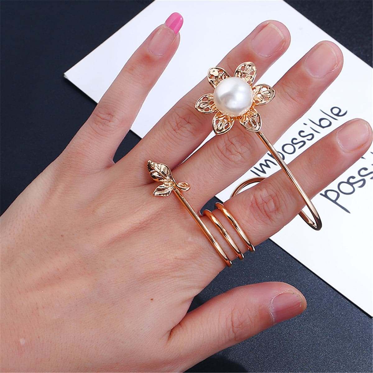 Pearl & Goldtone Floral Spiral Ring