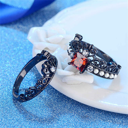 Red Crystal & Pearl Black-Tone Crown Ring Set-3