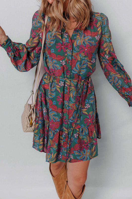 Threaded Pear Maria Floral V Neck Puff Sleeve Dress