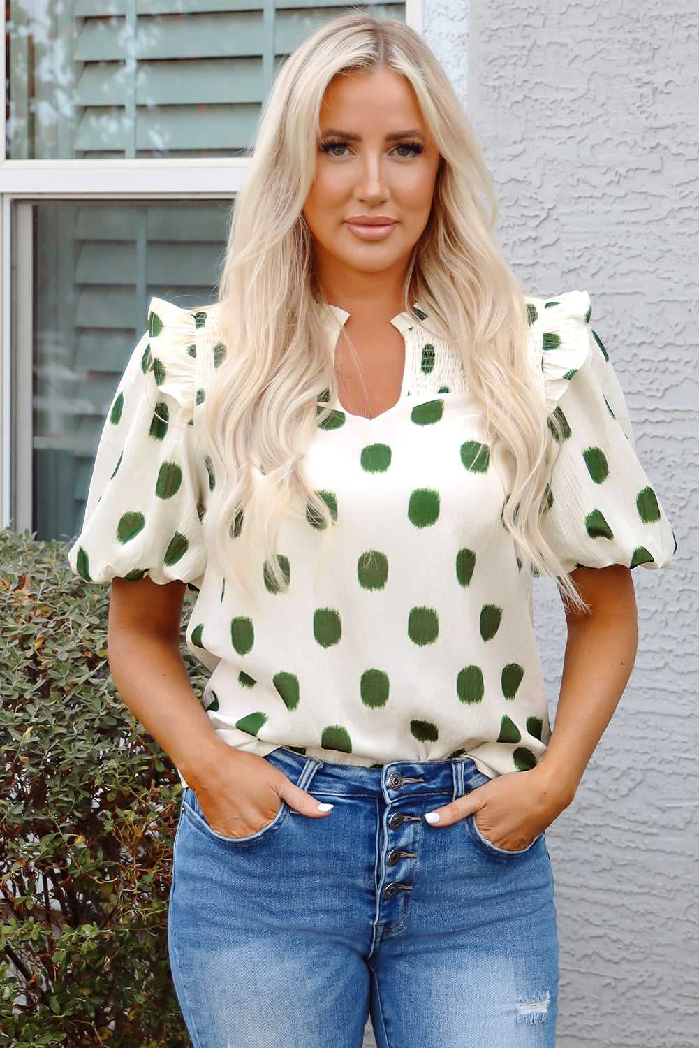 Threaded Pear Nylah Polka Dot Shirred Yoke Blouse