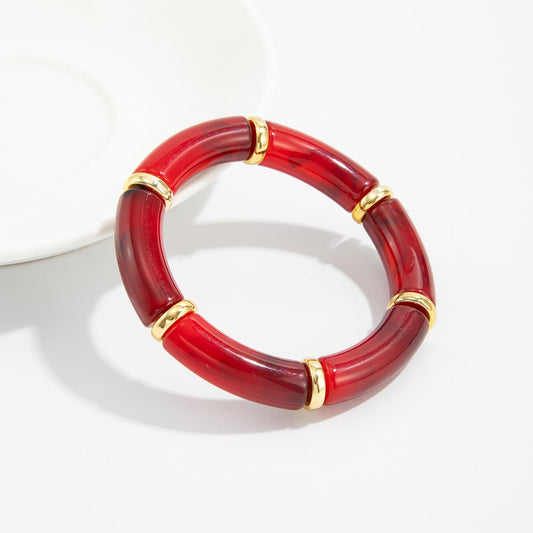 Wine Red Resin & Goldtone Sequin Joint Stretch Bracelet