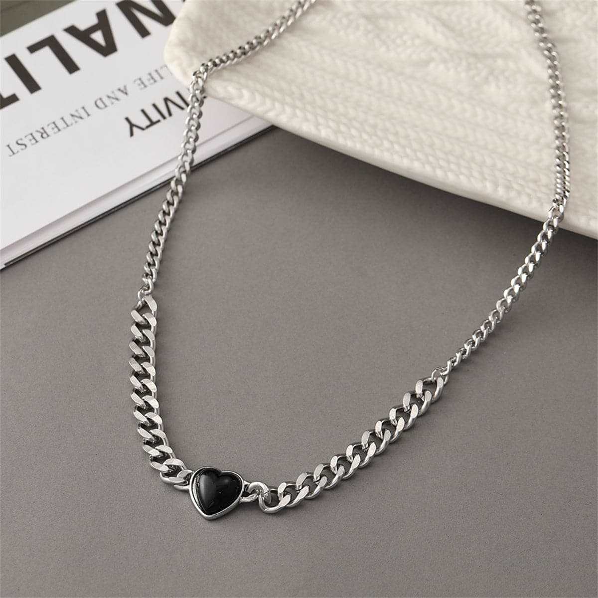 Black Resin & Silvertone Heart Pendant Necklace