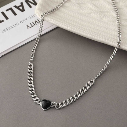 Black Resin & Silvertone Heart Pendant Necklace