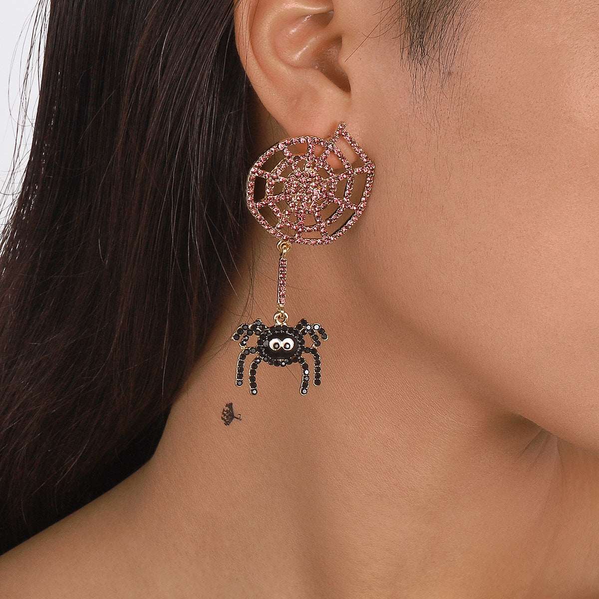 Cubic Zirconia & Goldtone Cobweb Spider Drop Earring
