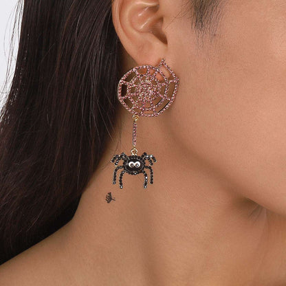 Cubic Zirconia & Goldtone Cobweb Spider Drop Earring
