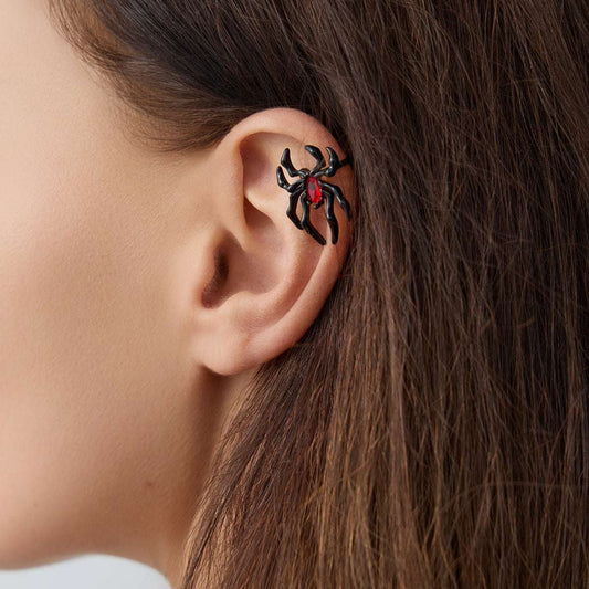 Red Crystal & Blacktone Spider Ear Cuff