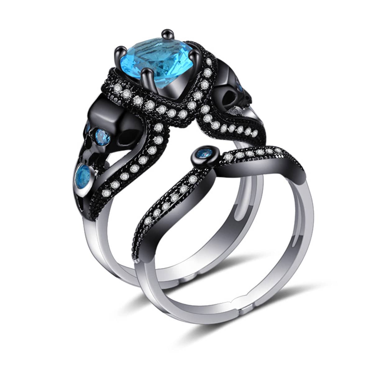 Blue Crystal & Cubic Zirconia Skull Heart Ring Set-1