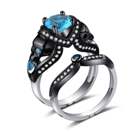 Blue Crystal & Cubic Zirconia Skull Heart Ring Set-1