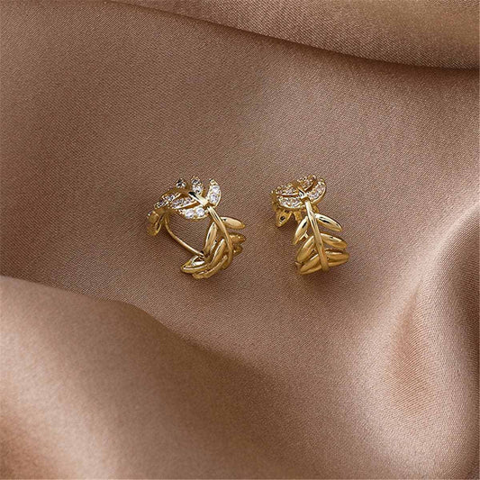 Cubic Zirconia & Goldtone Leaf Huggie Earrings