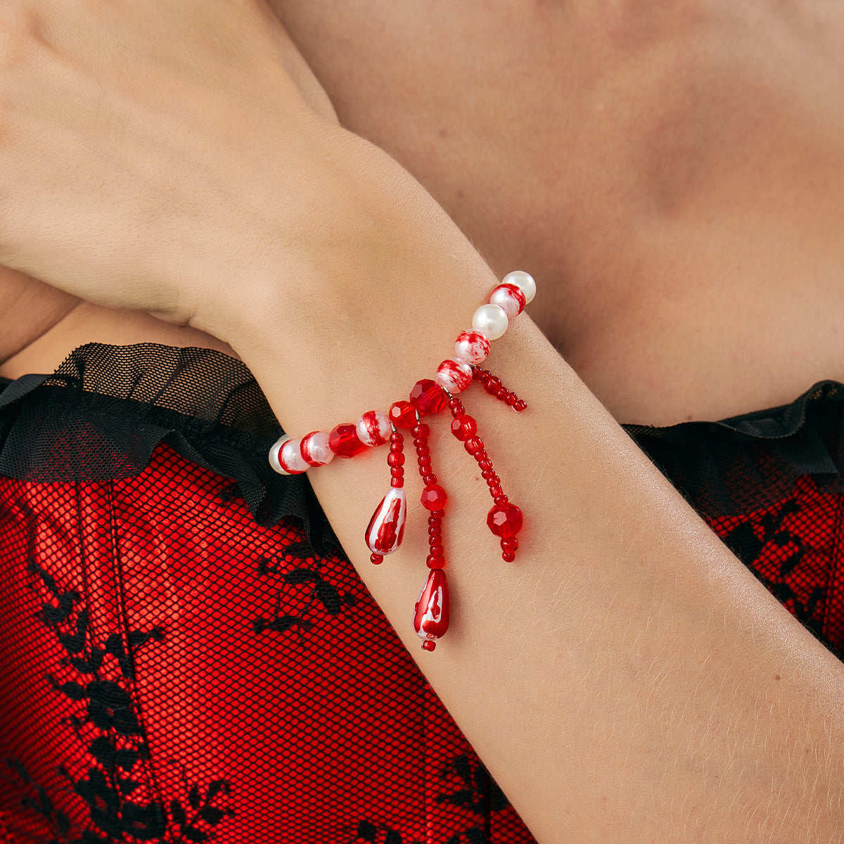 Red Enamel & Acrylic Pearl Silvertone Drop Tassel Bracelet