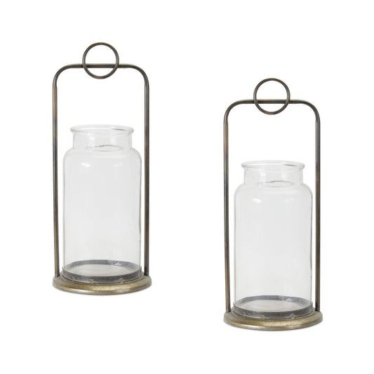 Melrose International Antique Metal Candle Holder with Glass Jar (Set of 2)