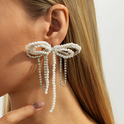 Pearl & Cubic Zirconia Silvertone Beaded Bow Stud Earrings