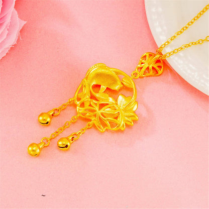 Goldtone Open Lotus & Fish Pendant Necklace