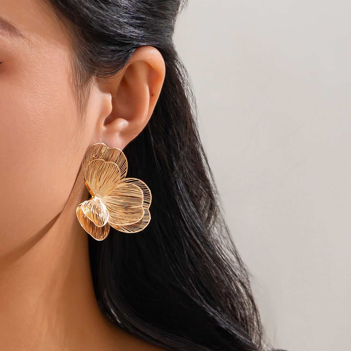 Goldtone Netted Flower Statement Stud Earrings