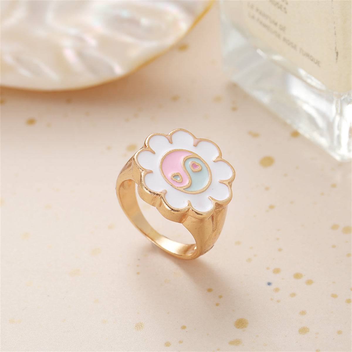 White Enamel & Goldtone Yin Yang Flower Ring