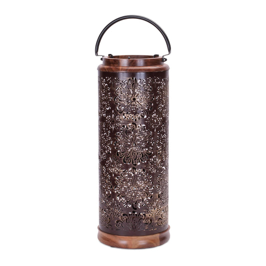 Melrose International Punched Metal Lantern with Natural Wood Accents 19"H