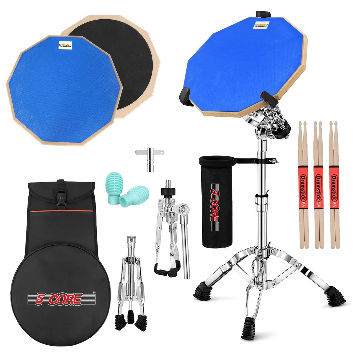 5 Core Drum Practice Pad Set 12" Adjustable Snare Drumming Stand Double Sided Silent Drummer Kit - DPAD COMBO BLU - Blue