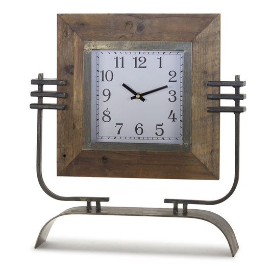Melrose International Wood Square Clock on Rustic Metal Stand 17.5"H