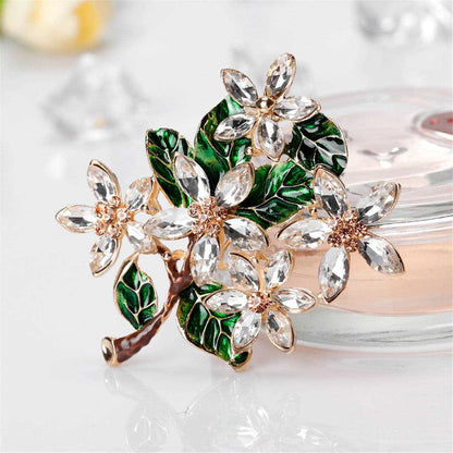 Green Crystal & Cubic Zirconia Leaves Brooch