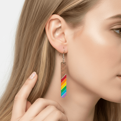 Rainbow Resin & Wood Silvertone Stripped Bar Hook Earrings