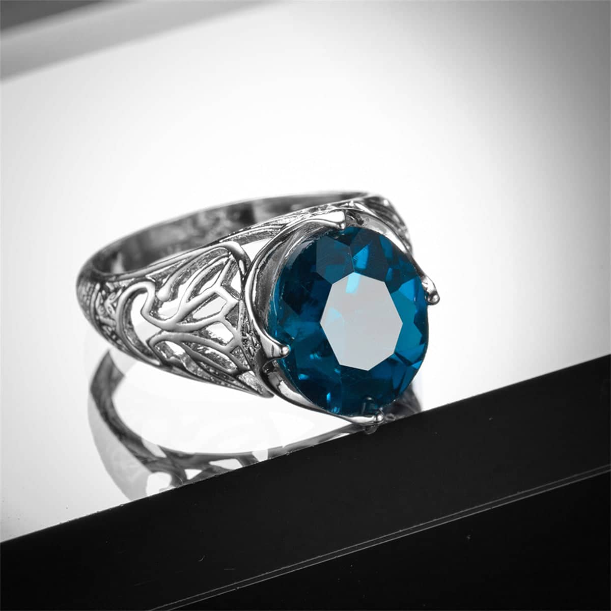 Blue Crystal & Silvertone Filigree Ring-2