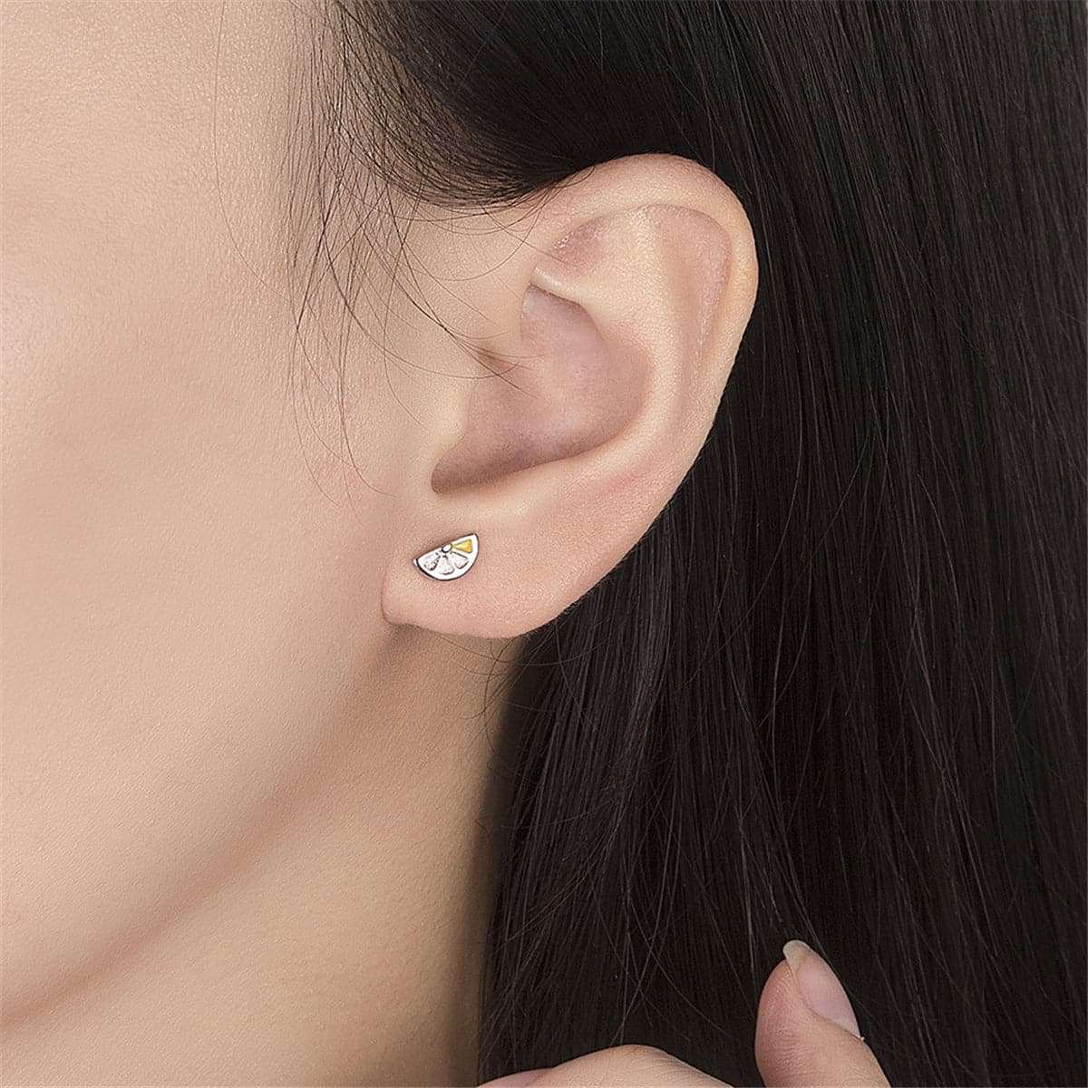 Orange & Silvertone Asymmetrical Stud Earrings