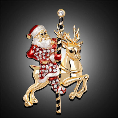 Cubic Zirconia & Goldtone Santa Claus & Reindeer Brooch