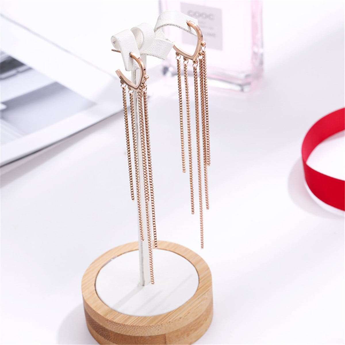 Rose Goldtone Tassel Open Hoop Drop Earrings