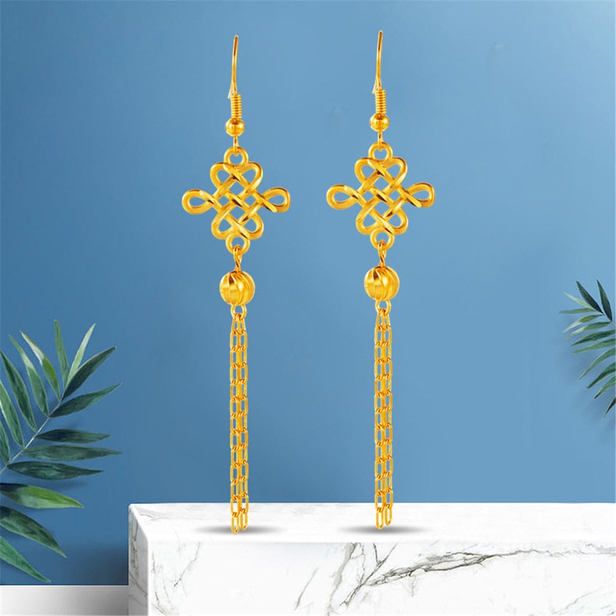 Goldtone Open Lucky Knot Tassel Drop Earrings