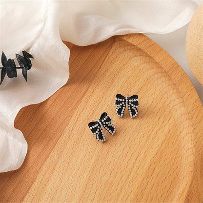 Pearl & Black Enamel Silvertone Bow Stud Earrings