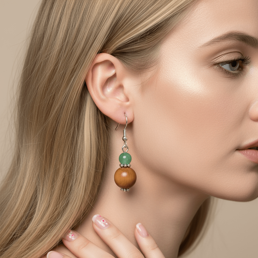 Green Jade & Brown Wood Silvertone ‌Gourd-Shape Hook Earrings