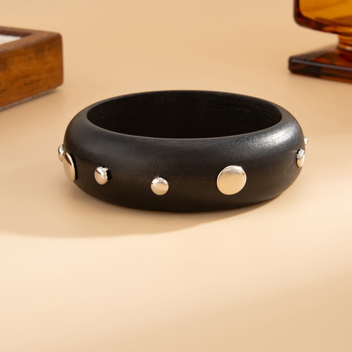 Black Wood & Silvertone Spot Station Bangle