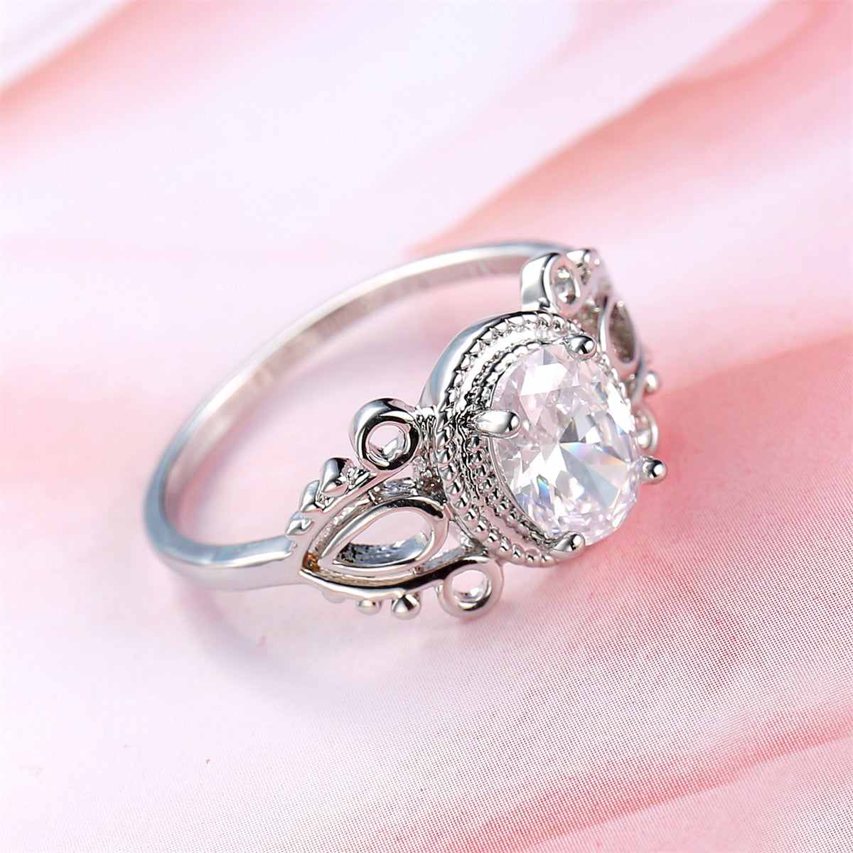 Crystal & Silvertone Openwork Milgrain Oval-Cut Ring-5