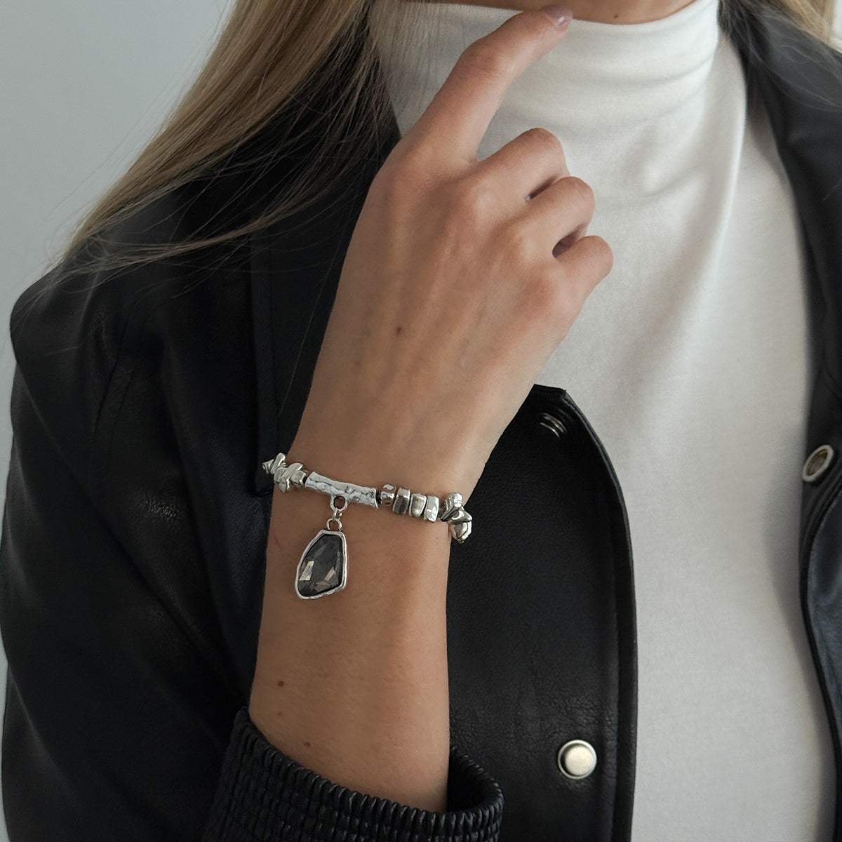 Gray Crystal & Silvertone Beads Irregular Charm Stretch Bracelet