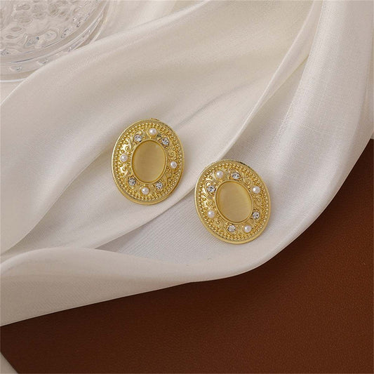 Yellow Cats Eye & Pearl Goldtone Oval Stud Earrings