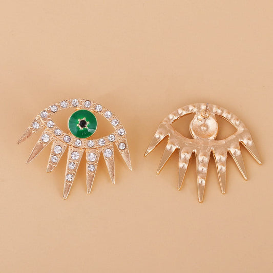 Cubic Zirconia & Green Enamel Eye Stud Earrings