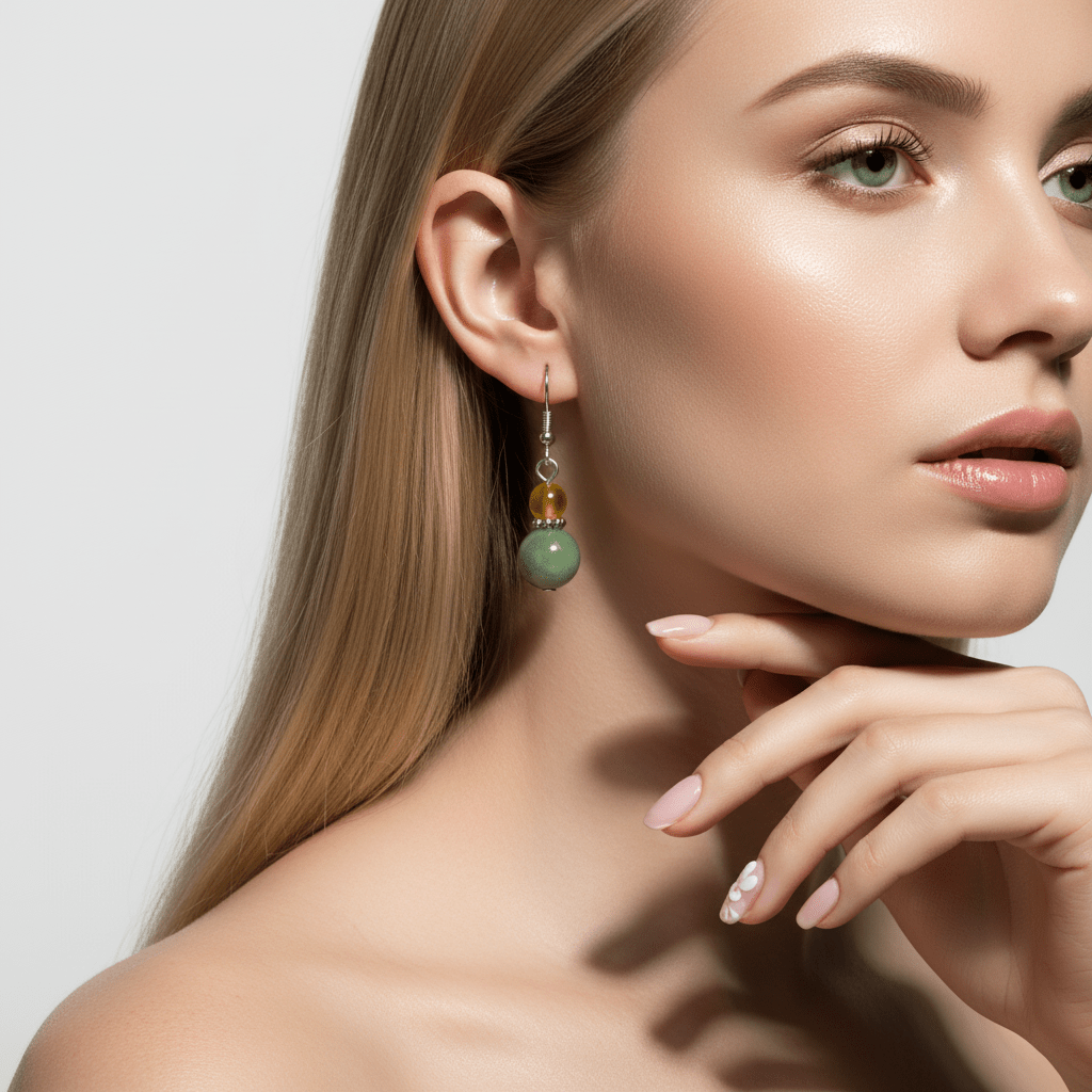 Yellow & Green Jade Silvertone ‌Gourd-Shape Hook Earrings