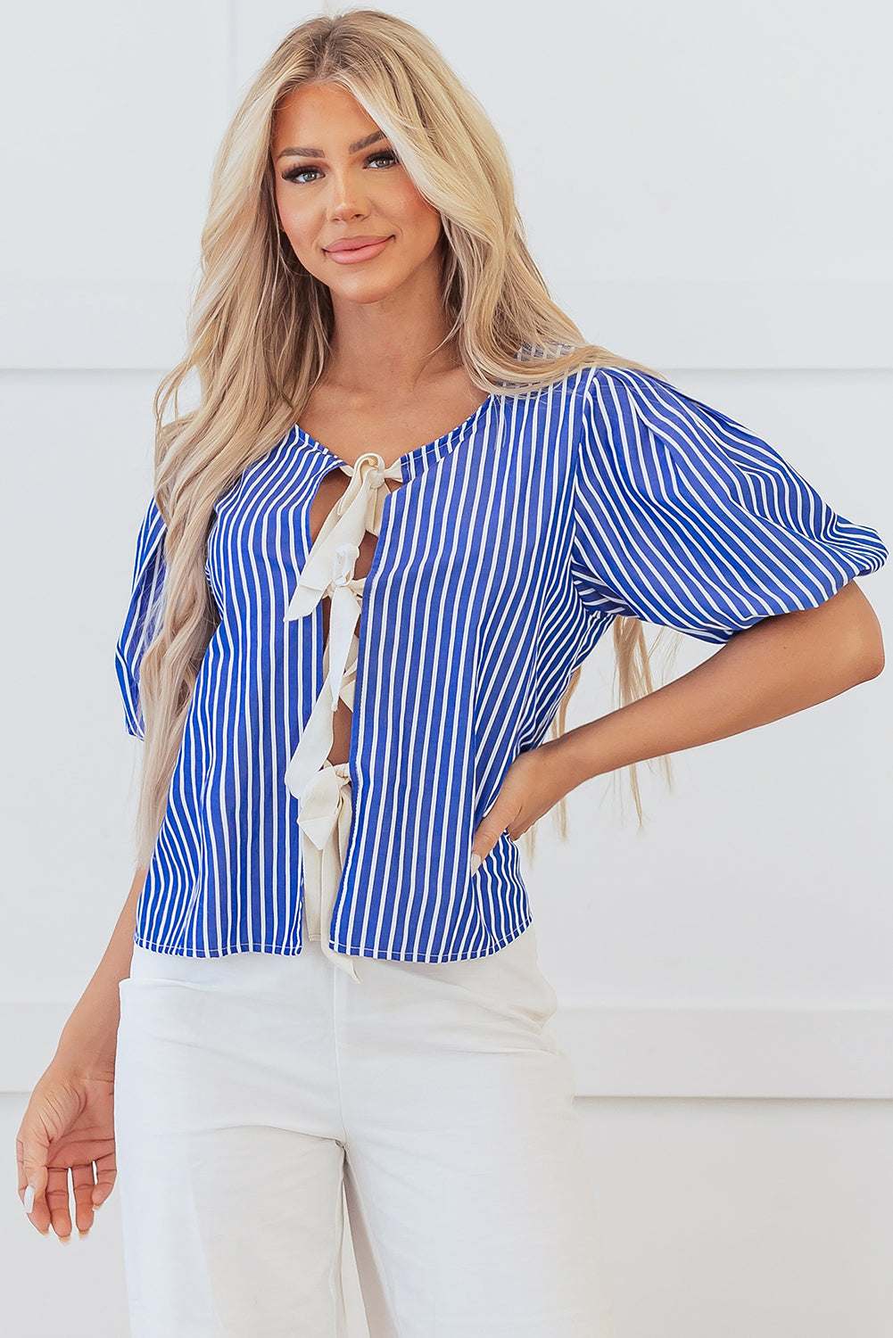 Threaded Pear Dream Stripe Tied Front Blouse