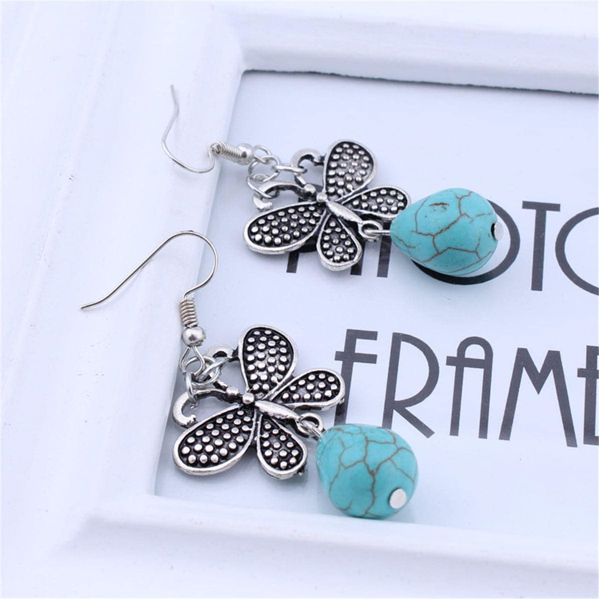 Turquoise & Silvertone Butterfly Drop Earrings
