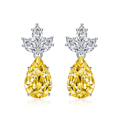 Yellow Crystal & Silvertone Pineapple Drop Earrings