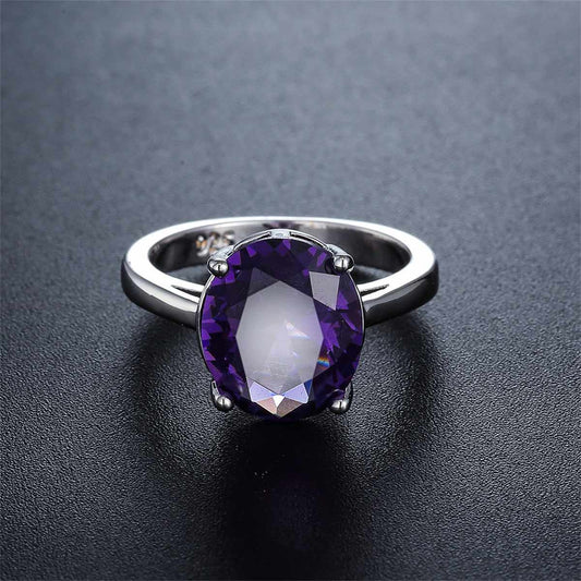 Purple Crystal & Silvertone Oval-Cut Solitaire Ring