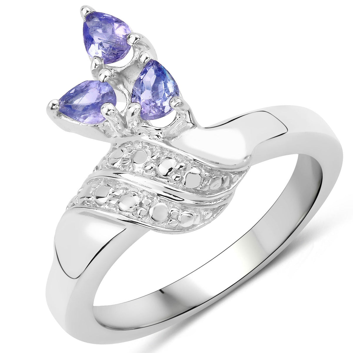 0.42 Cttw Pear Violet Tanzanite Rhodium over Silver Three Stone Bypass Ring