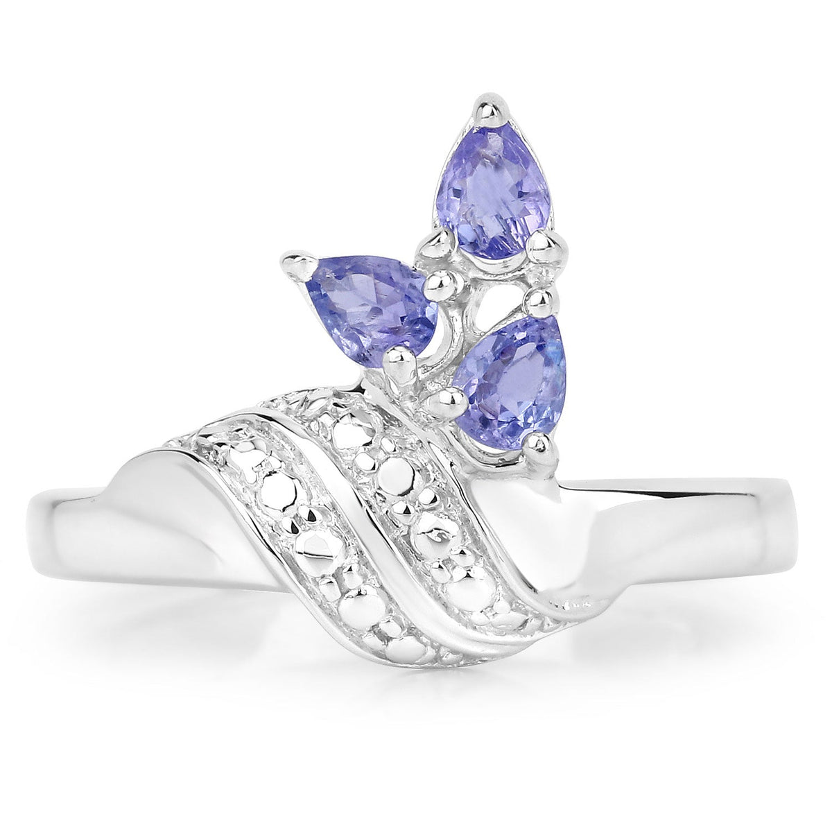 0.42 Cttw Pear Violet Tanzanite Rhodium over Silver Three Stone Bypass Ring