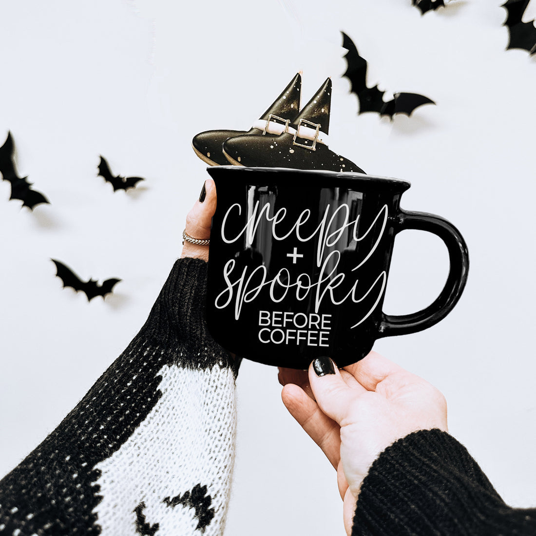 Black Halloween Coffee Mug with White Creepy and Spooky Text Double-Sided Design