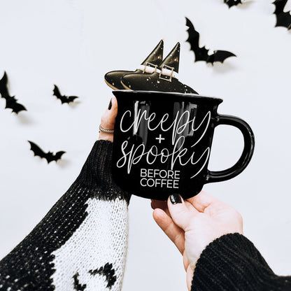 Black Halloween Coffee Mug with White Creepy and Spooky Text Double-Sided Design