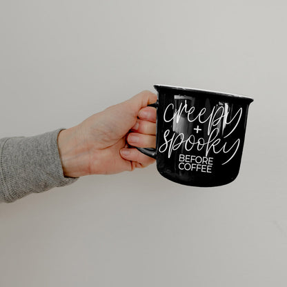 Minimalist Halloween Coffee Cup Black with White Text
Typography Halloween Mug Creepy Before Coffee Design
Funny Halloween Birthday Gifts for Coffee Lovers